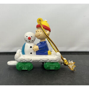 Vintage Christmas Ornament Peanuts Linus Snowman on Train Car PVC Figure Charity
